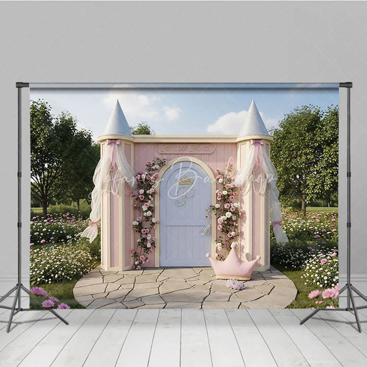 Lofaris Pink Princess Palace Photography Backdrop with Floral Roses and Golden Crown Fairytale Garden Birthday Party Decor