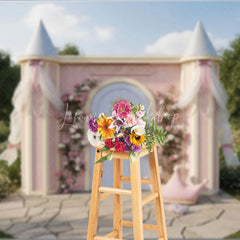 Lofaris Pink Princess Palace Photography Backdrop with Floral Roses and Golden Crown Fairytale Garden Birthday Party Decor