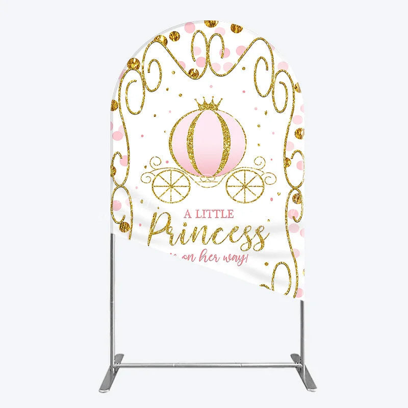 Lofaris Pink Pumpkin Carriage Baby Shower Arch Backdrop Little Princess Party Decoration Royal Gold Glitter Background