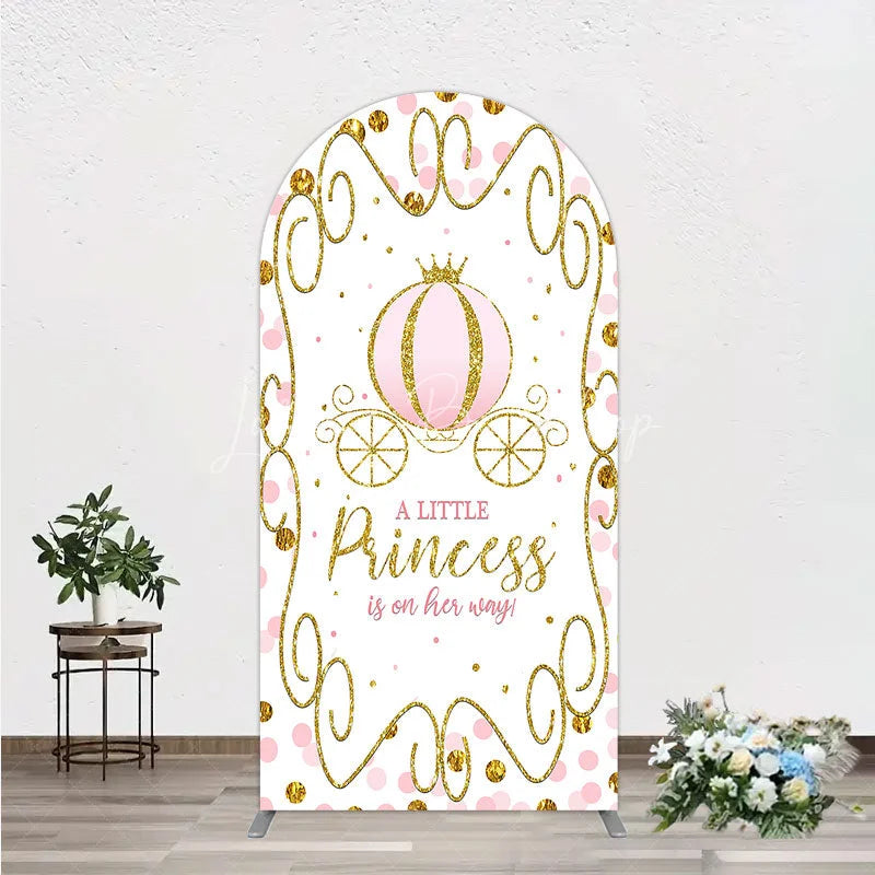 Lofaris Pink Pumpkin Carriage Baby Shower Arch Backdrop Little Princess Party Decoration Royal Gold Glitter Background