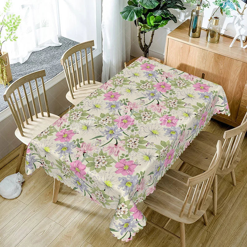 Lofaris Pink Purple Blooming Flowers Rectangle Tablecloth Large Floral Green Leaves Elegant Dining Table Cover Decoration