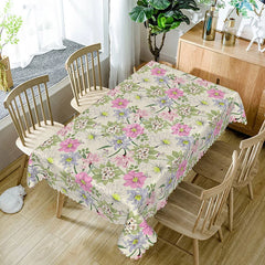 Lofaris Pink Purple Blooming Flowers Rectangle Tablecloth Large Floral Green Leaves Elegant Dining Table Cover Decoration