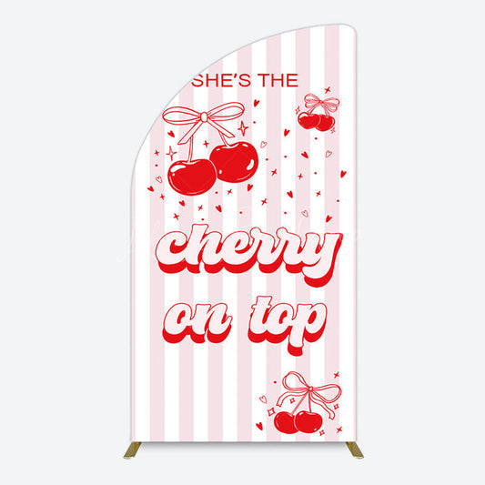 Lofaris Pink Red Cherry On Top Stripe Birthday Half Moon Arch Backdrop
