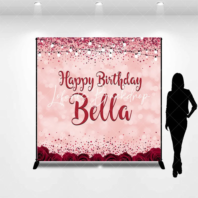 Lofaris Pink Red Glitter Rose Personalized Custom Birthday Backdrop Elegant Party Decor with Bokeh and String Lights