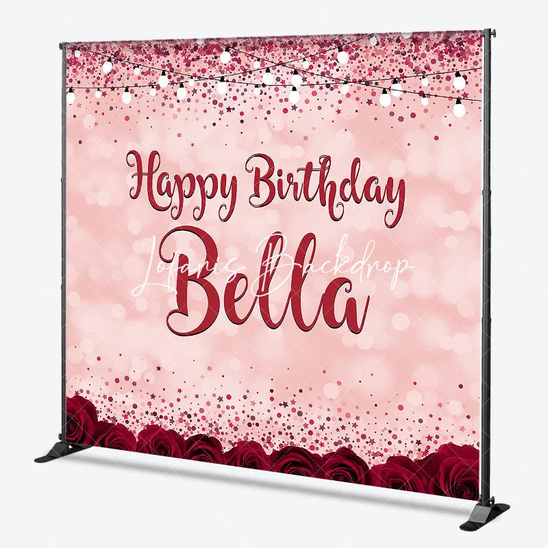Lofaris Pink Red Glitter Rose Personalized Custom Birthday Backdrop Elegant Party Decor with Bokeh and String Lights