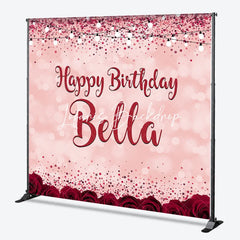 Lofaris Pink Red Glitter Rose Personalized Custom Birthday Backdrop Elegant Party Decor with Bokeh and String Lights