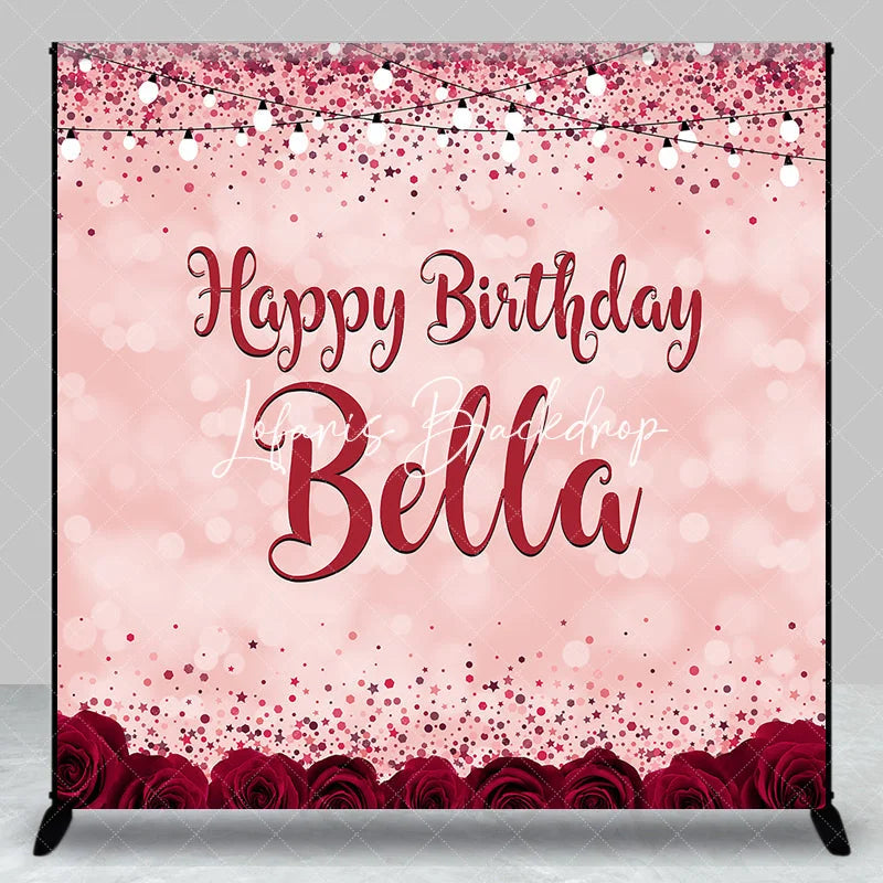 Lofaris Pink Red Glitter Rose Personalized Custom Birthday Backdrop Elegant Party Decor with Bokeh and String Lights