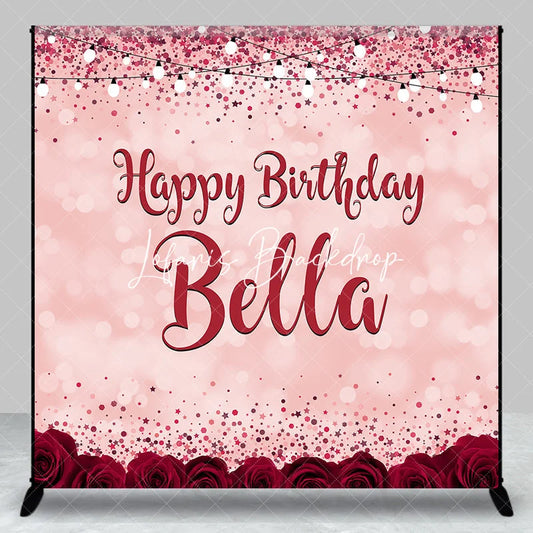 Lofaris Pink Red Glitter Rose Personalized Custom Birthday Backdrop Elegant Party Decor with Bokeh and String Lights