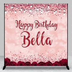 Lofaris Pink Red Glitter Rose Personalized Custom Birthday Backdrop Elegant Party Decor with Bokeh and String Lights