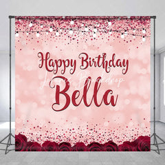 Lofaris Pink Red Glitter Rose Personalized Custom Birthday Backdrop Elegant Party Decor with Bokeh and String Lights