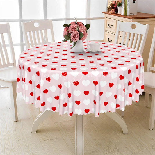 Lofaris Pink Red Heart Pattern Round Tablecloth Sweet Love Polka Dot Table Cover for Girls Party