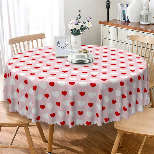 Lofaris Pink Red Heart Pattern Round Tablecloth Sweet Love Polka Dot Table Cover for Girls Party