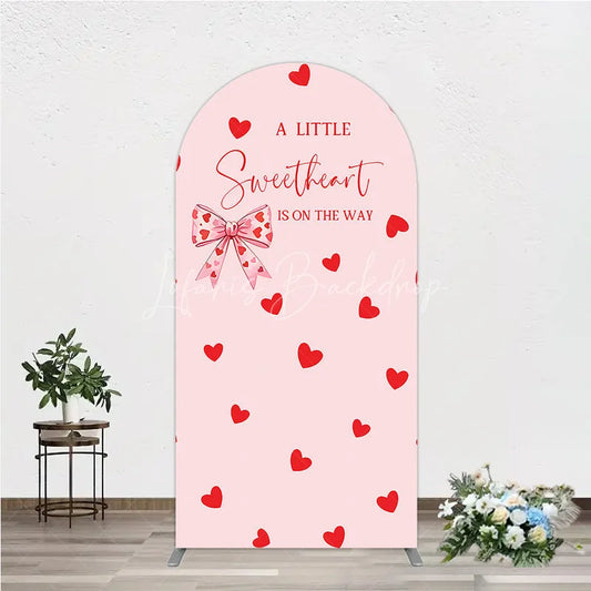 Lofaris Pink Red Hearts Bow Round Top Arch Backdrop Sweetheart Is On The Way Baby Shower Party Decor