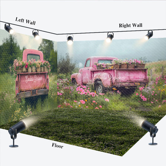 Lofaris Pink Retro Truck Green Field Spring Room Set Backdrop