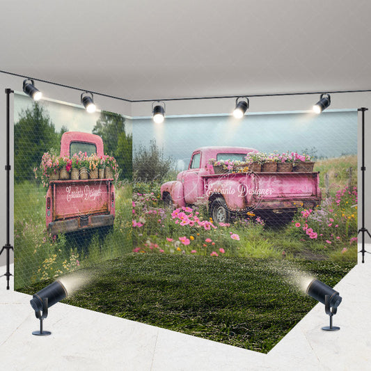 Lofaris Pink Retro Truck Green Field Spring Room Set Backdrop