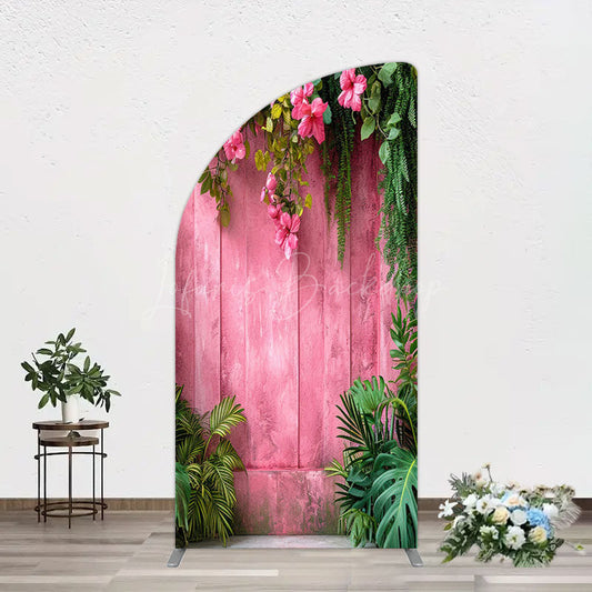 Lofaris Pink Retro Wooden Wall Greenery Floral Half Moon Arch Backdrop