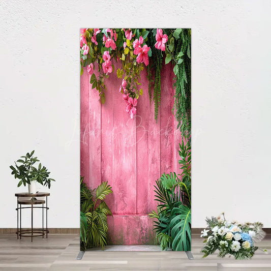 Lofaris Pink Retro Wooden Wall Greenery Floral Rectangle Backdrop