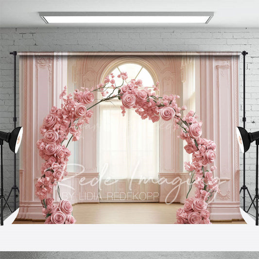 Lofaris Pink Rose Arch Romantic Palace Wedding Photo Backdrop