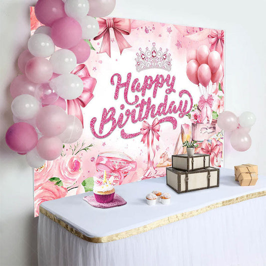 Lofaris Pink Rose Bow Crown Glitter Happy Birthday Backdrop