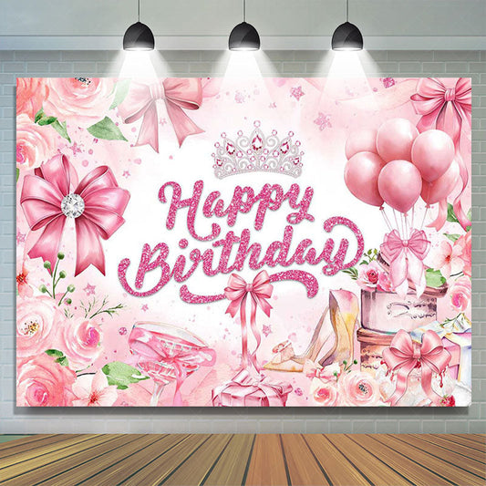 Lofaris Pink Rose Bow Crown Glitter Happy Birthday Backdrop