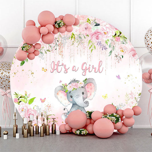 Lofaris Pink Rose Elephant Its A Girl Round Baby Shower Backdrop