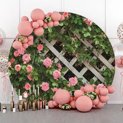 Lofaris Pink Rose Garden Lattice Round Backdrop Spring Floral Wooden Fence Photography Background for Party