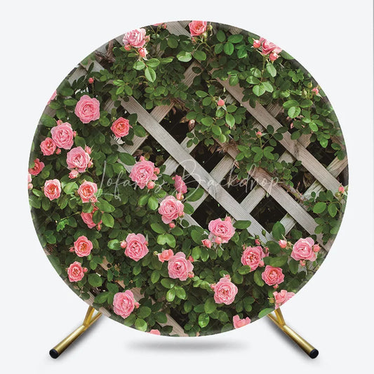 Lofaris Pink Rose Garden Lattice Round Backdrop Spring Floral Wooden Fence Photography Background for Party