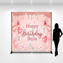 Lofaris Pink Rose Gold Glitter Happy Birthday Custom Backdrop Elegant Balloons Diamonds High Heel Party Decor