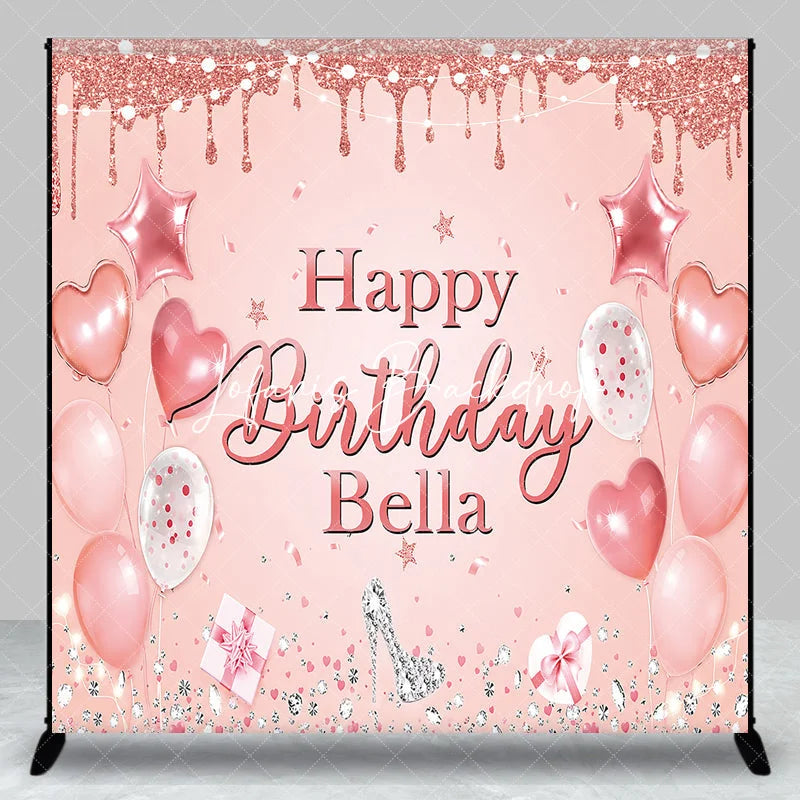 Lofaris Pink Rose Gold Glitter Happy Birthday Custom Backdrop Elegant Balloons Diamonds High Heel Party Decor
