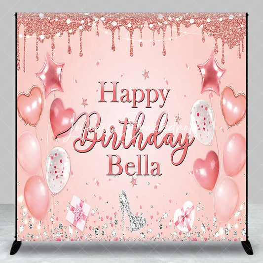Lofaris Pink Rose Gold Glitter Happy Birthday Custom Backdrop Elegant Balloons Diamonds High Heel Party Decor