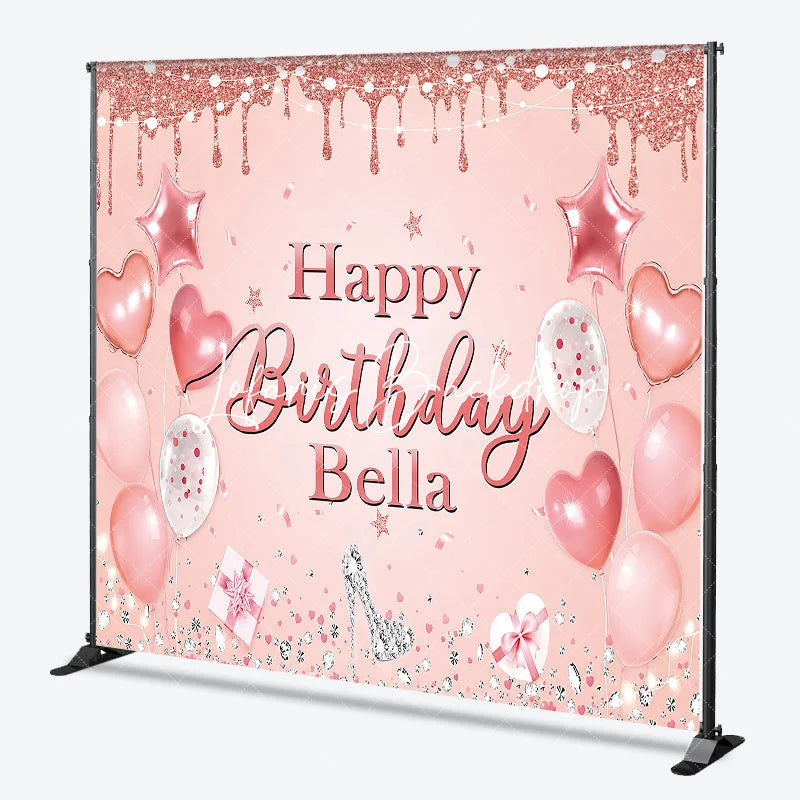 Lofaris Pink Rose Gold Glitter Happy Birthday Custom Backdrop Elegant Balloons Diamonds High Heel Party Decor