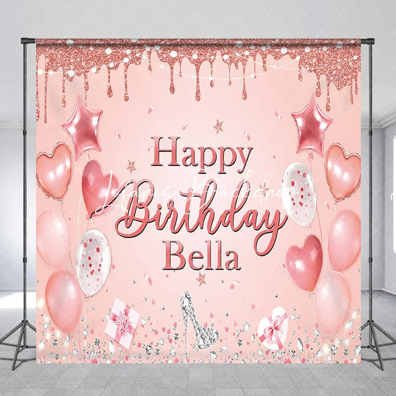 Lofaris Pink Rose Gold Glitter Happy Birthday Custom Backdrop Elegant Balloons Diamonds High Heel Party Decor