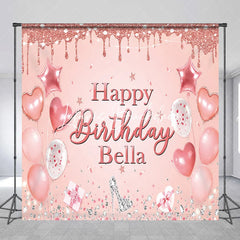 Lofaris Pink Rose Gold Glitter Happy Birthday Custom Backdrop Elegant Balloons Diamonds High Heel Party Decor