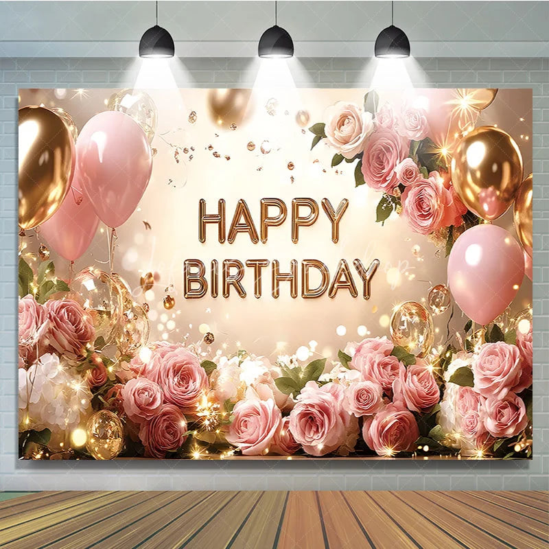 Lofaris Pink Roses and Gold Balloons Birthday Backdrop Elegant Floral Glitter Happy Party Background for Women