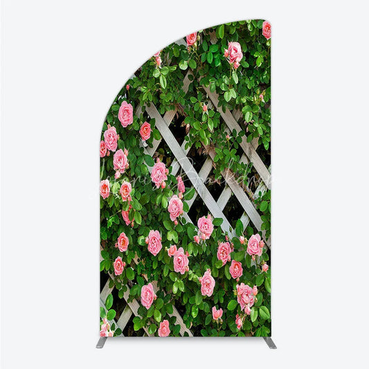 Lofaris Pink Roses on White Trellis Half Moon Arch Backdrop Floral Garden Fence Wedding and Bridal Shower Photography Background