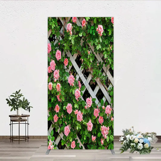Lofaris Pink Roses on White Trellis Rectangle Backdrop Floral Garden Fence Wedding and Bridal Shower Photography Background