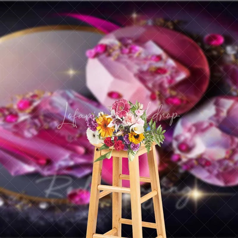 Lofaris Pink Round Crystal Gems and Gold Rings Backdrop Abstract Art Photography Background Modern Event Decor