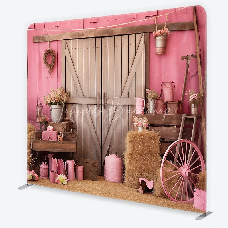 Lofaris Pink Rustic Barn Door Square Double-Sided Backdrop with Hay Bales Flowers and a Wagon Wheel for Celebrations