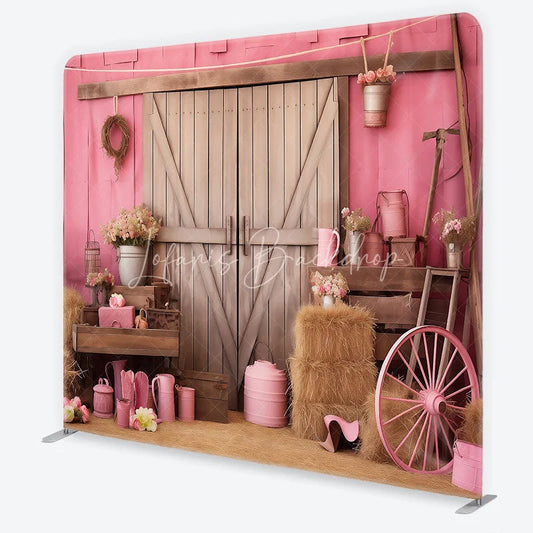 Lofaris Pink Rustic Barn Door Square Double-Sided Backdrop with Hay Bales Flowers and a Wagon Wheel for Celebrations