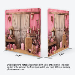 Lofaris Pink Rustic Barn Door Square Double-Sided Backdrop with Hay Bales Flowers and a Wagon Wheel for Celebrations
