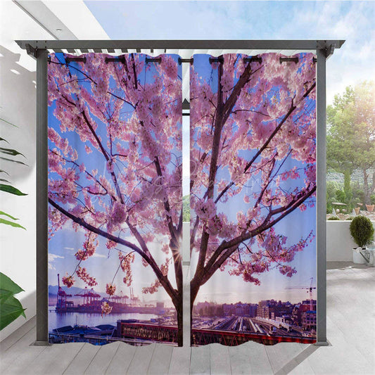 Lofaris Pink Sakura Waterproof Pattern Outdoor Curtains For Porch