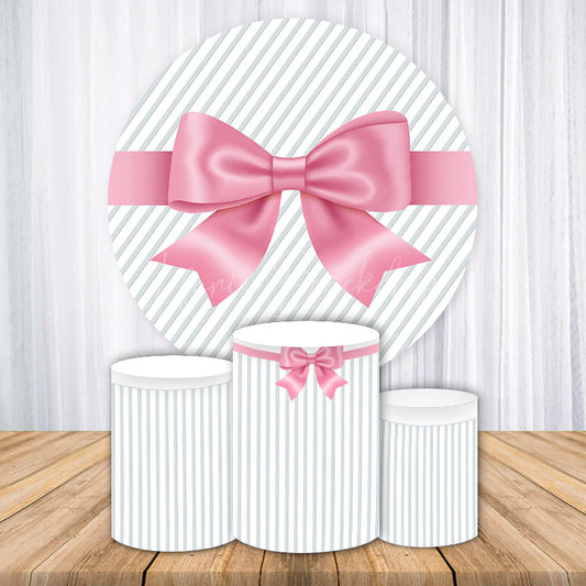 Lofaris Pink Satin Bow and Stripes Round Backdrop Kit Gift Present Theme for Girls Birthday or Baby Shower Decor