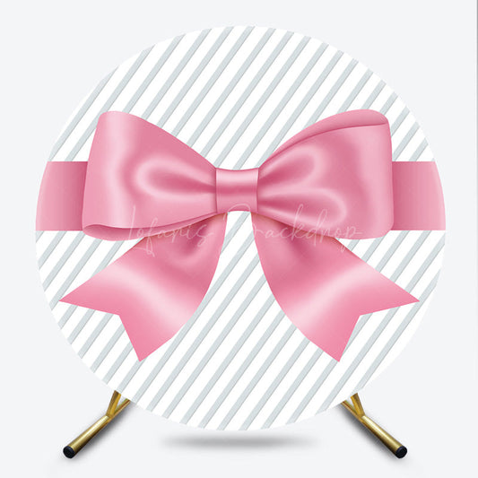 Lofaris Pink Satin Bow and Stripes Round Backdrop Kit Gift Present Theme for Girls Birthday or Baby Shower Decor