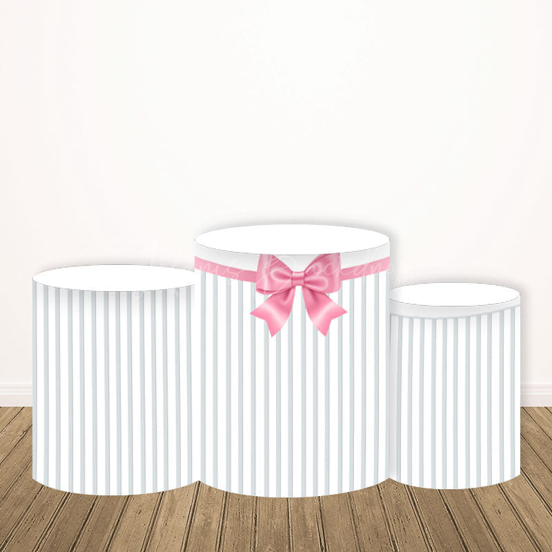 Lofaris Pink Satin Bow and Stripes Round Backdrop Kit Gift Present Theme for Girls Birthday or Baby Shower Decor