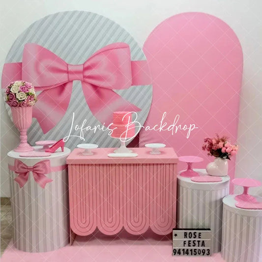 Lofaris Pink Satin Bow and Stripes Round Backdrop Kit Gift Present Theme for Girls Birthday or Baby Shower Decor