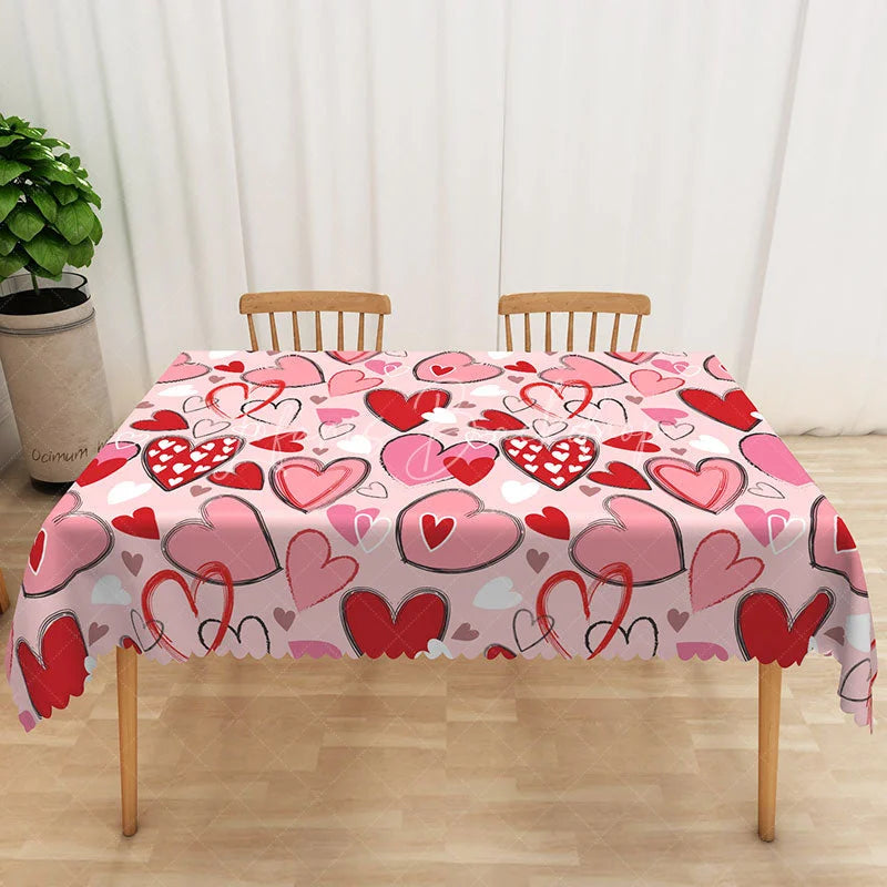 Lofaris Pink Scribble Heart Rectangle Tablecloth Sketchy Love Art Table Cover Modern Valentine Day Party Decor