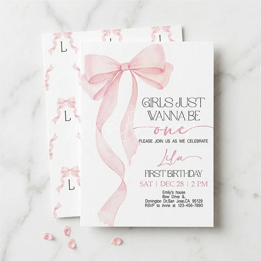 Lofaris Pink Set of 20 Bow Girls Just Wanna Be One First Birthday Custom Invitation Personalized Party Decor