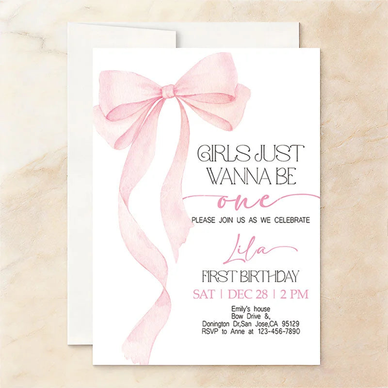 Lofaris Pink Set of 20 Bow Girls Just Wanna Be One First Birthday Custom Invitation Personalized Party Decor