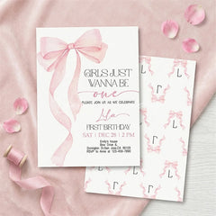 Lofaris Pink Set of 20 Bow Girls Just Wanna Be One First Birthday Custom Invitation Personalized Party Decor