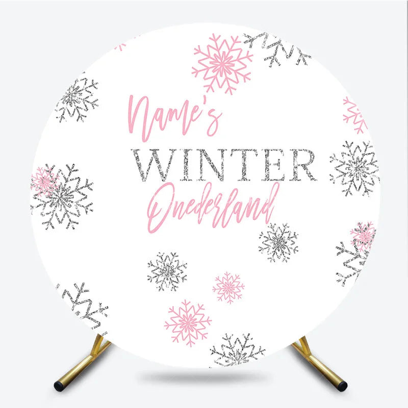 Lofaris Pink Silver Glitter Snowflake Round Backdrop Winter Onederland First Birthday Party Baby Shower Decor